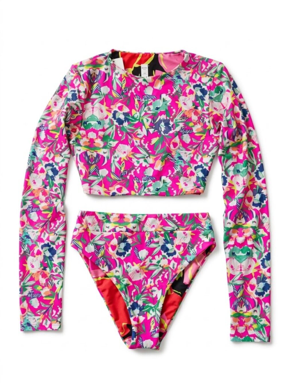 NWT Maaji Floral Long Sleeve Crop Swim Top & High Waist Bikini Bottom Set S